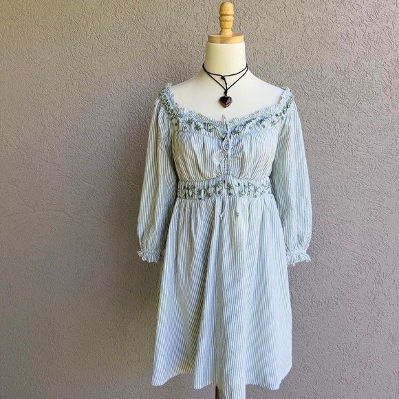 American Eagle Outfitters Dresses & Skirts - American Eagle Green Striped Long Sleeve Mini Dress Boho Cottagecore Sz Medium